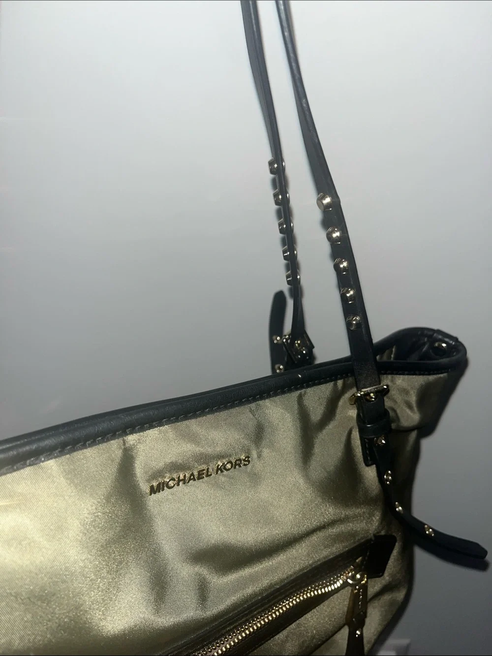 Michael Kors Olive Green Tote with Black Trim & Studded Straps